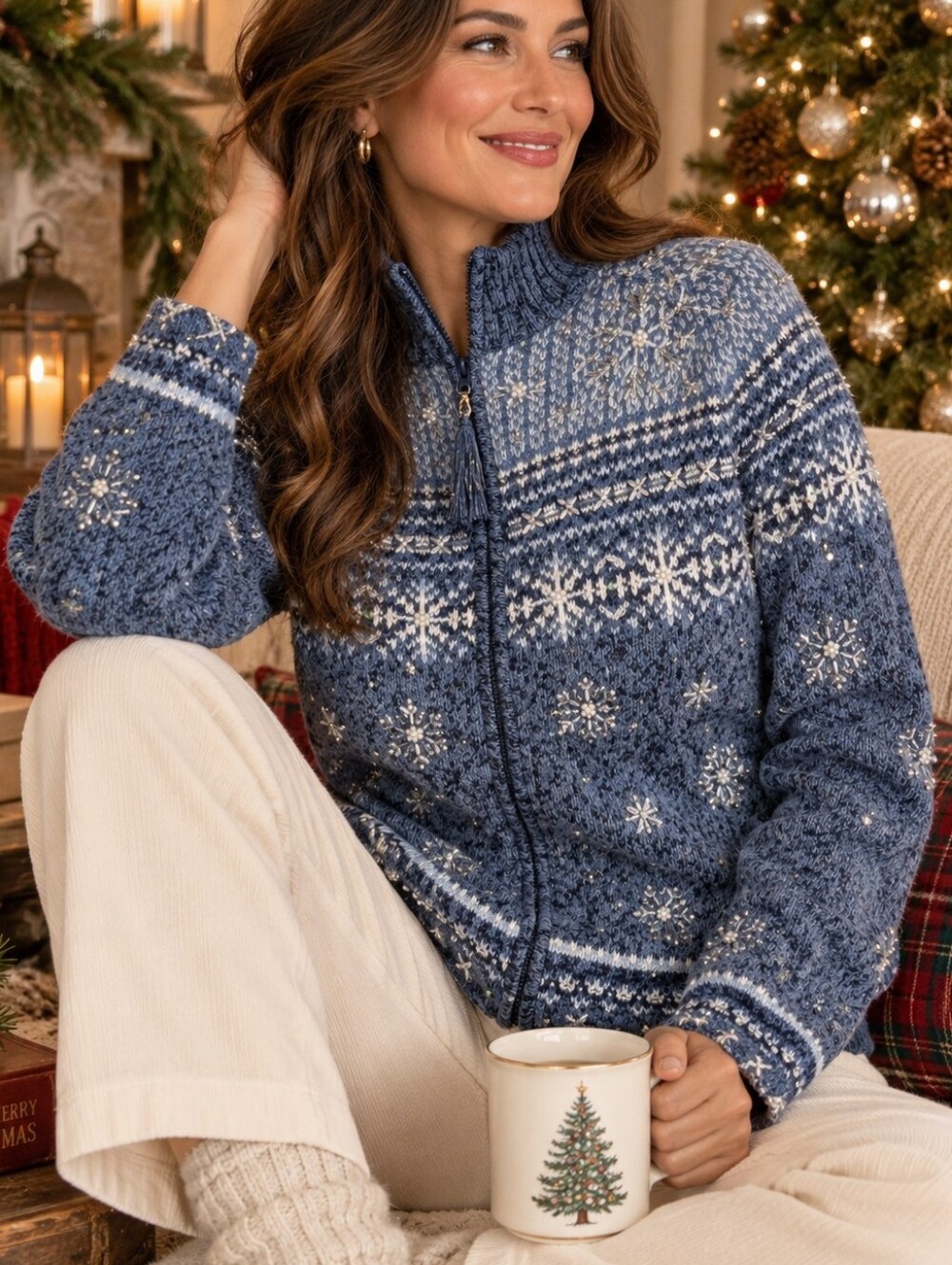 Tiara International XL Blue Beaded Snowflake Fair Isle Y2K Zip Cardigan Sweater